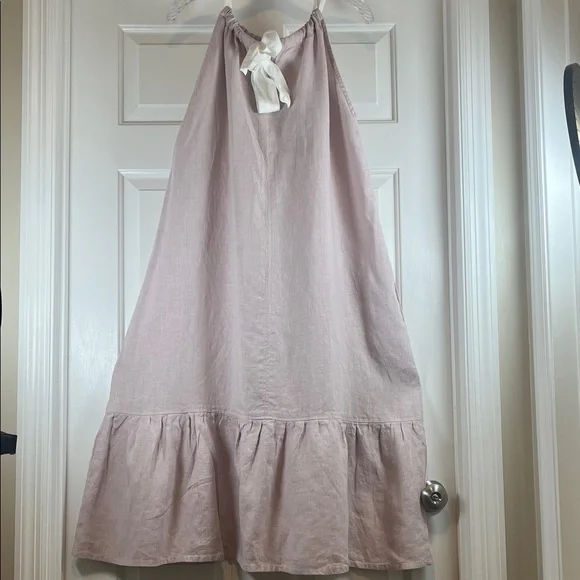Crown Linen Designs Light Pink 100% Linen Sun Dress With Pockets Sz L/ XL - Picture 3 of 13
